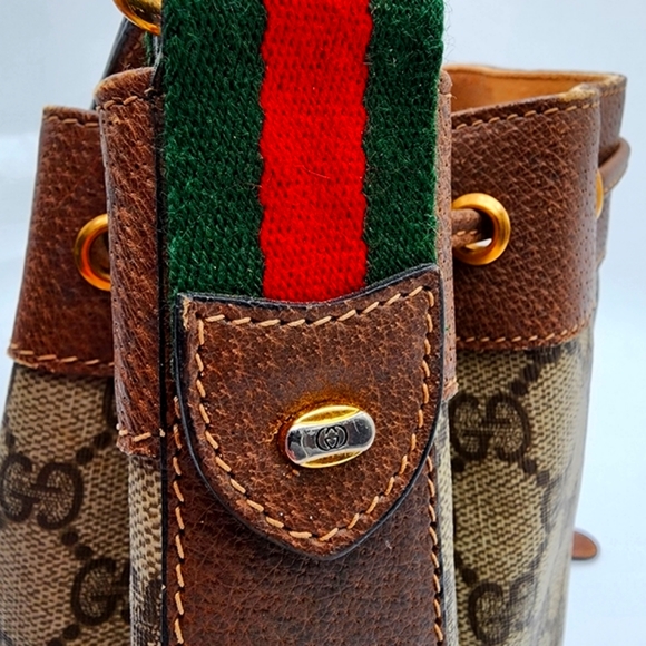 Gucci Vintage Mini Bucket Drawstring Crossbody GG Canvas Leather Web + Dust Bag - Picture 4 of 16